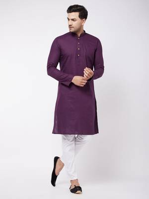 Purple And White Cotton Linen Kurta Pyjama Set 2