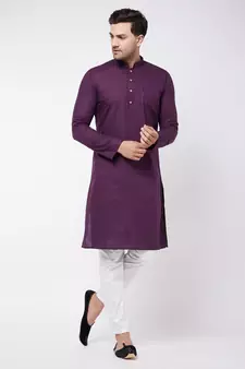 Purple And White Cotton Linen Kurta Pyjama Set