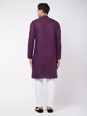 Purple And White Cotton Linen Kurta Pyjama Set 4