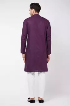 Purple And White Cotton Linen Kurta Pyjama Set