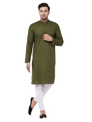 Green And White Cotton Linen Kurta Pyjama Set 1
