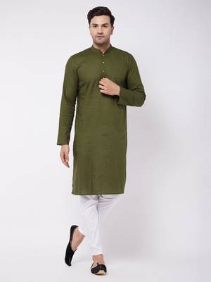 Green And White Cotton Linen Kurta Pyjama Set 2