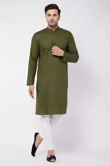 Green And White Cotton Linen Kurta Pyjama Set