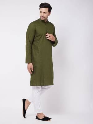 Green And White Cotton Linen Kurta Pyjama Set 3