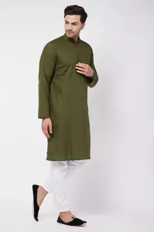 Green And White Cotton Linen Kurta Pyjama Set
