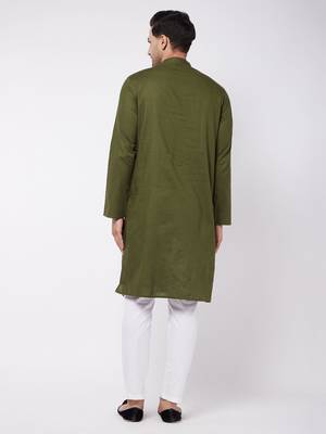 Green And White Cotton Linen Kurta Pyjama Set 4
