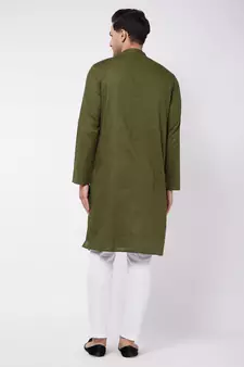 Green And White Cotton Linen Kurta Pyjama Set