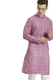 Men'S Pink And White Cotton Blend Kurta Pyjama Set