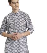 Men'S Grey And White Cotton Blend Kurta Pyjama Set