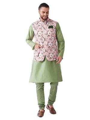 Green And Pink Silk Blend Jacket, Kurta And Pyjama Set 1