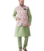 Green And Pink Silk Blend Jacket, Kurta And Pyjama Set