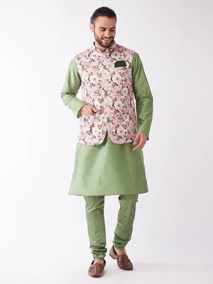 Green And Pink Silk Blend Jacket, Kurta And Pyjama Set 2