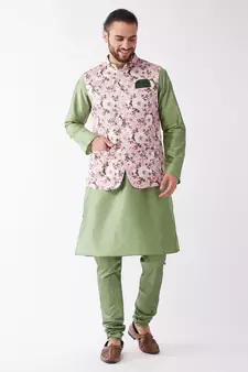 Green And Pink Silk Blend Jacket, Kurta And Pyjama Set