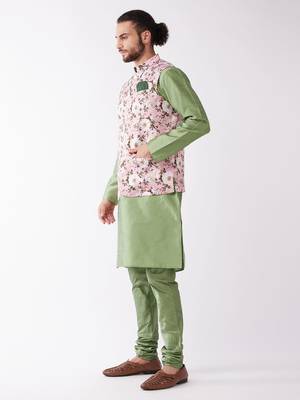 Green And Pink Silk Blend Jacket, Kurta And Pyjama Set 3