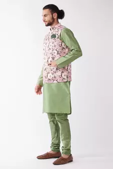Green And Pink Silk Blend Jacket, Kurta And Pyjama Set