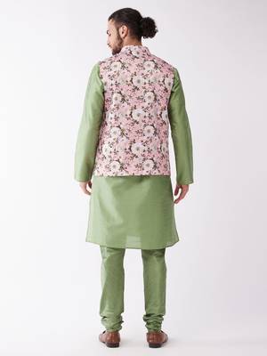 Green And Pink Silk Blend Jacket, Kurta And Pyjama Set 4
