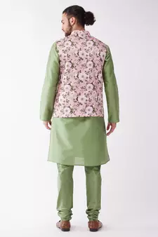 Green And Pink Silk Blend Jacket, Kurta And Pyjama Set
