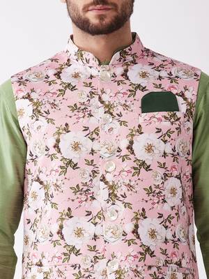 Green And Pink Silk Blend Jacket, Kurta And Pyjama Set 5