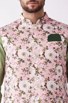 Green And Pink Silk Blend Jacket, Kurta And Pyjama Set