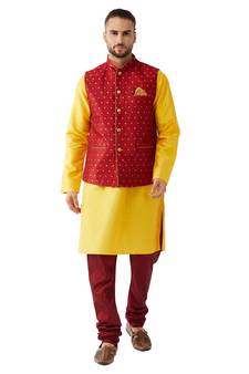 Yellow Woven Silk Blend Kurta-Pajama