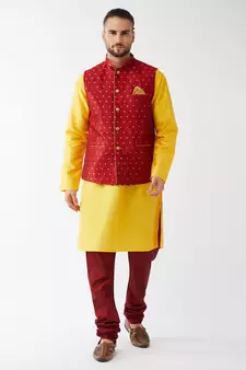 Yellow Woven Silk Blend Kurta-Pajama