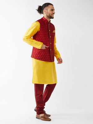 Yellow Woven Silk Blend Kurta-Pajama 3