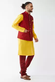 Yellow Woven Silk Blend Kurta-Pajama