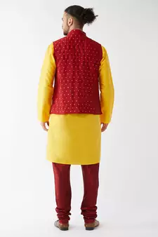 Yellow Woven Silk Blend Kurta-Pajama
