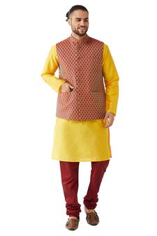 Yellow Woven Silk Blend Kurta-Pajama