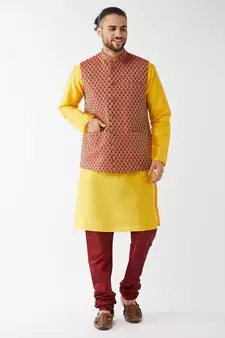 Yellow Woven Silk Blend Kurta-Pajama