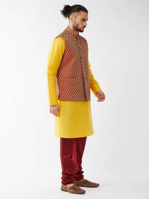 Yellow Woven Silk Blend Kurta-Pajama 3