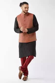 Black Woven Silk Blend Kurta-Pajama