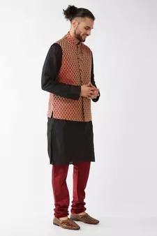 Black Woven Silk Blend Kurta-Pajama
