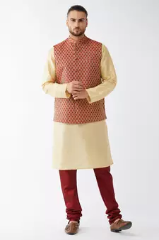 Gold Woven Silk Blend Kurta-Pajama