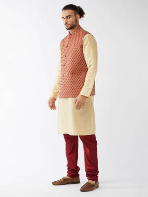 Gold Woven Silk Blend Kurta-Pajama 3