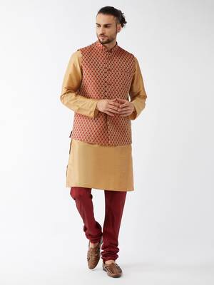 Gold Woven Silk Blend Kurta-Pajama 2