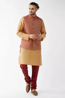 Gold Woven Silk Blend Kurta-Pajama