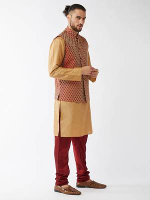 Gold Woven Silk Blend Kurta-Pajama 3