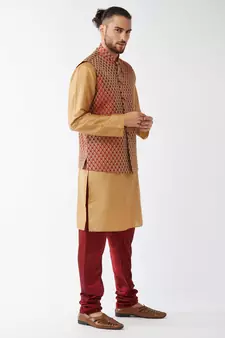Gold Woven Silk Blend Kurta-Pajama