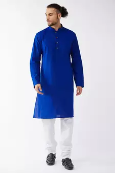 Blue And White Cotton Linen Kurta Pyjama Set