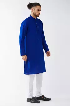 Blue And White Cotton Linen Kurta Pyjama Set