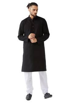 Men'S Black And White Cotton Linen Kurta Pyjama Set