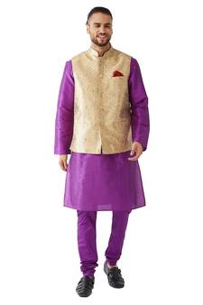 Purple Woven Silk Blend Kurta-Pajama