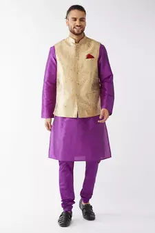 Purple Woven Silk Blend Kurta-Pajama
