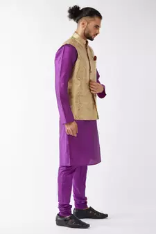 Purple Woven Silk Blend Kurta-Pajama