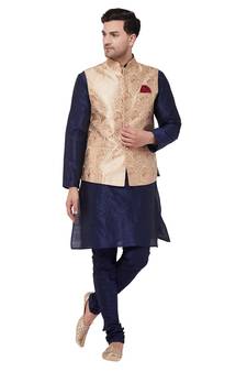 Blue Woven Silk Blend Kurta-Pajama
