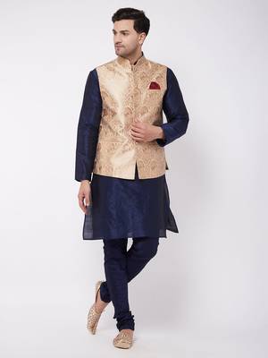 Blue Woven Silk Blend Kurta-Pajama 2