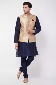 Blue Woven Silk Blend Kurta-Pajama