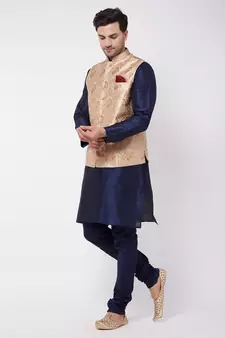 Blue Woven Silk Blend Kurta-Pajama