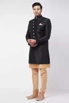 Gold Woven Silk Blend Sherwani